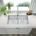 Akicon 32" Undermount 50/50 Double Bowl Kitchen Sink and Pull-down Faucet Combo with Drain Strainer, Protective Bottom Grid, All in One