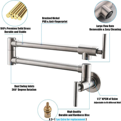 Havin Brass Pot Filler,Wall Mount Commercial Pot Filler Faucet,Brass Copper Material Kitchen Folding Faucet,Coffee Machine Faucet with Stretchable Double Joint Swing Arms,Style A,Brushed Nickel