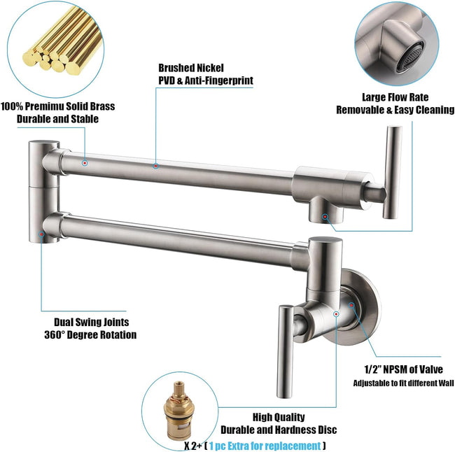 Havin Brass Pot Filler,Wall Mount Commercial Pot Filler Faucet,Brass Copper Material Kitchen Folding Faucet,Coffee Machine Faucet with Stretchable Double Joint Swing Arms,Style A,Brushed Nickel