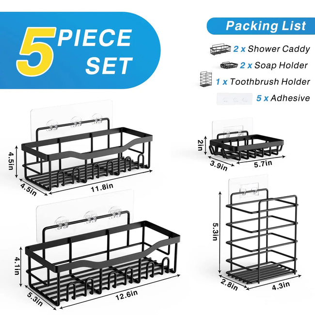 Kiwi Wellness 5-Shelf Stainless Steel Shower Caddy, Across Tub Mount, Razor Organizer, Black