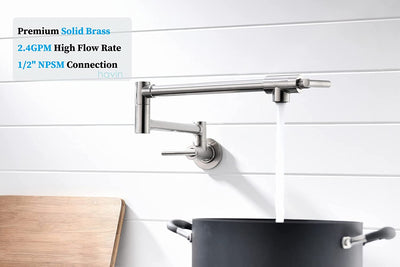 Havin Brass Pot Filler,Wall Mount Commercial Pot Filler Faucet,Brass Copper Material Kitchen Folding Faucet,Coffee Machine Faucet with Stretchable Double Joint Swing Arms,Style A,Brushed Nickel