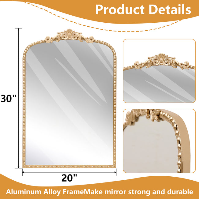 TBKLEY Arched Wall Mirror for Bathroom, 20"x30" Metal Beaded Frame Decorative Accent Mirror, Baroque Inspired Wall Decor, Gold