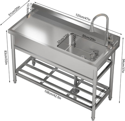 47 Inch Utility Sink With Faucet & Cold and Hot Water Pipes, Free Standing Sink for Kitchen Laundry Room Bathroom Restaurant Garage Garden Backyard, Stainless Steel Sink, Sink with Workbench