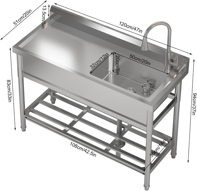 47 Inch Utility Sink With Faucet & Cold and Hot Water Pipes, Free Standing Sink for Kitchen Laundry Room Bathroom Restaurant Garage Garden Backyard, Stainless Steel Sink, Sink with Workbench