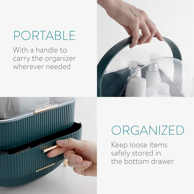 Makeup Organizer Storage Box - Cosmetics, Skincare and Beauty Case with Clear Lid Display and 2 Drawers - Bathroom Counter or Vanity - Green
