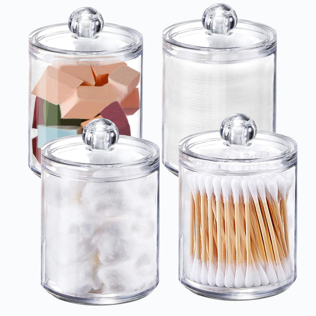 4 PACK Qtip Holder Dispenser for Cotton Ball, Cotton Swab, Cotton Round Pads, Floss Picks - 12 oz Clear Apothecary Jar Set for Bathroom Canister Storage Organization, Vanity Makeup Organizer
