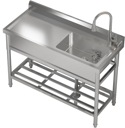 47 Inch Utility Sink With Faucet & Cold and Hot Water Pipes, Free Standing Sink for Kitchen Laundry Room Bathroom Restaurant Garage Garden Backyard, Stainless Steel Sink, Sink with Workbench