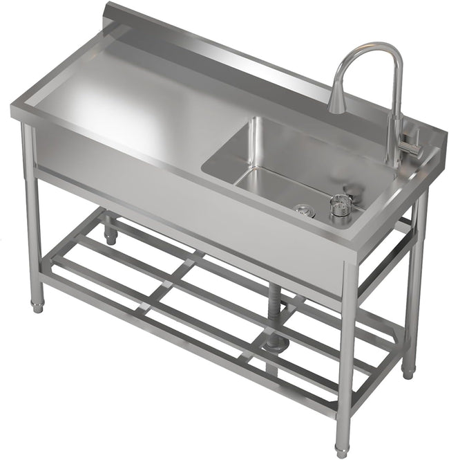 47 Inch Utility Sink With Faucet & Cold and Hot Water Pipes, Free Standing Sink for Kitchen Laundry Room Bathroom Restaurant Garage Garden Backyard, Stainless Steel Sink, Sink with Workbench