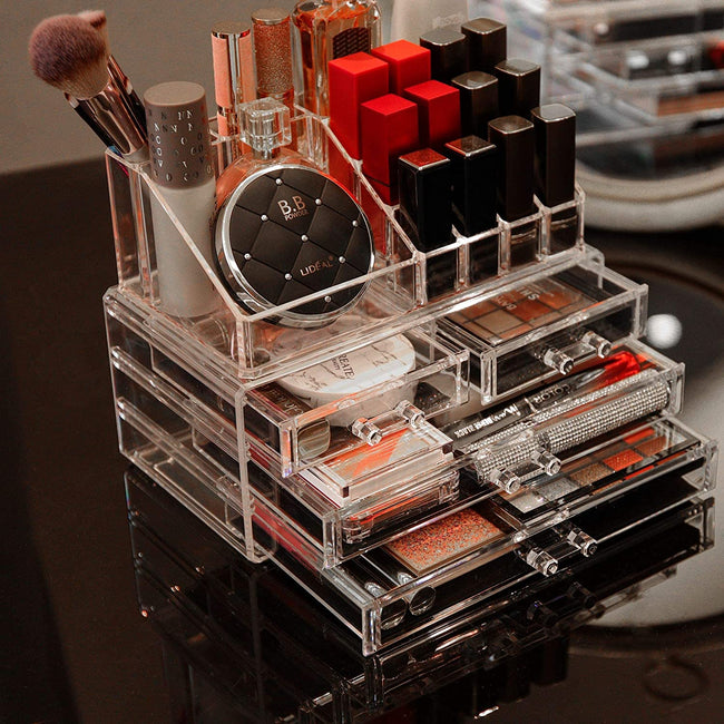Acrylic Clear Makeup Organizer and Storage Stackable Skin Care Cosmetic Display Case with 4 Drawers Make Up Stands for Jewelry Hair Accessories Beauty Skincare Product Organizing,,,F110043