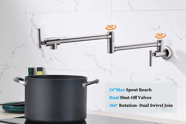 Havin Brass Pot Filler,Wall Mount Commercial Pot Filler Faucet,Brass Copper Material Kitchen Folding Faucet,Coffee Machine Faucet with Stretchable Double Joint Swing Arms,Style A,Brushed Nickel