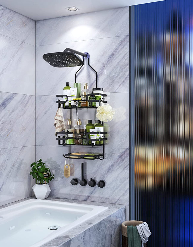 LEFEE Over the Shower Caddy with 2 Large Capacity Basket Shelves with 2 Soap Rack and 14 Hooks, Over the Shower Head No Drilling Rustproof Shower Caddies for Bathroom,Stainless Steel