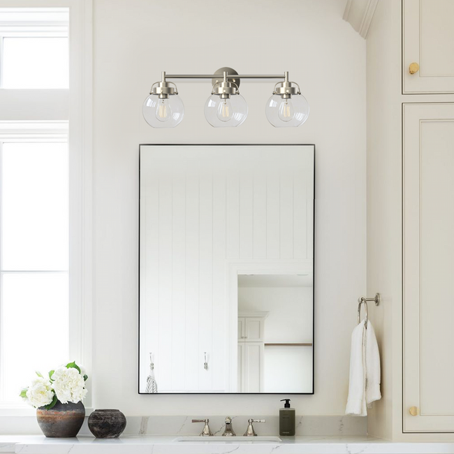 3-Light Bathroom Lighting Fixtures Over Mirror With Globe Clear Glass Shade,23.5 Inch,E26 Sockets,Modern Contemporary Bath Light Fixture For Over Sink,Kitchen Wall,Brushed Nickel (Bulbs Not Included)