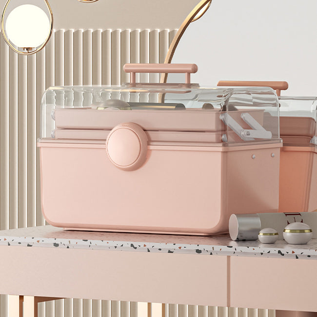 kosheko High Capacity Transparent Makeup Box, Portable Desktop Cosmetic Storage, Lightweight Plastic Makeup Organizer, Multifunctional Beauty Accessory Case. pink