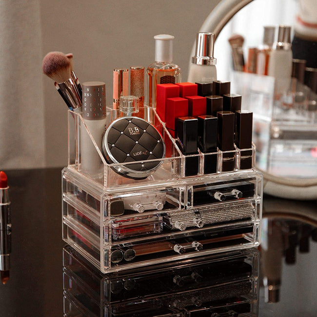 Acrylic Clear Makeup Organizer and Storage Stackable Skin Care Cosmetic Display Case with 4 Drawers Make Up Stands for Jewelry Hair Accessories Beauty Skincare Product Organizing,,,F110043