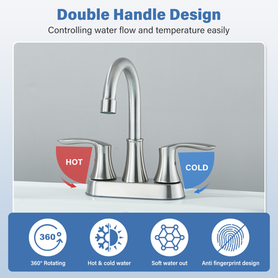 Zovajonia Centerset 4 In Bathroom Sink Faucet 2 Handle Vanity 360 Swivel Spout with Drain Brushed nickel