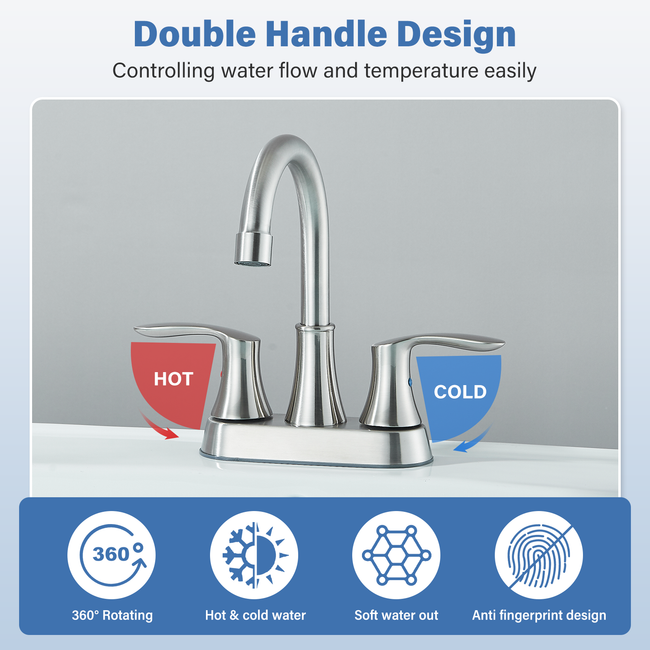 Zovajonia Centerset 4 In Bathroom Sink Faucet 2 Handle Vanity 360 Swivel Spout with Drain Brushed nickel