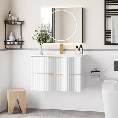 ICEELF 30'' Bathroom Vanity Cabinet with Sink and Faucet, Wall Mounted Floating Bathroom Vanity with 2 Big Drawer and Metal Handles (White, 30")