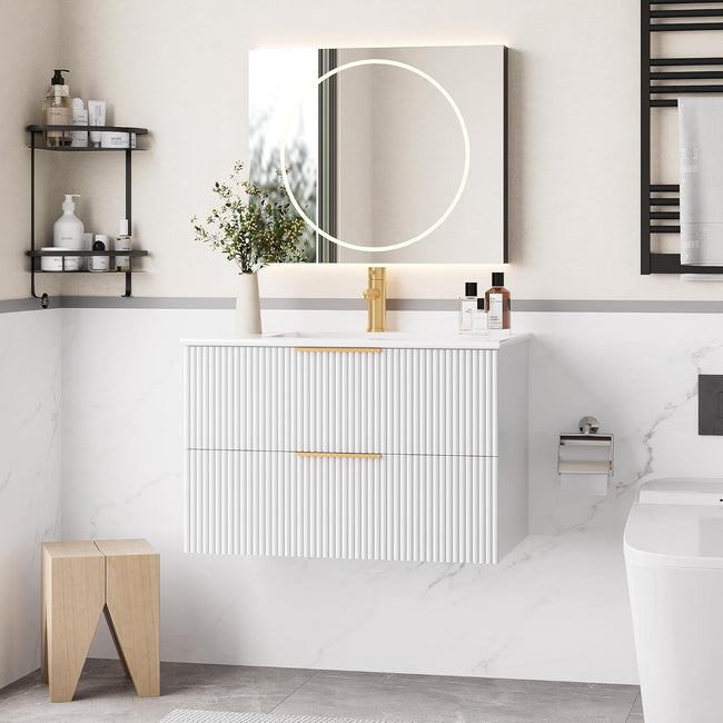 ICEELF 30'' Bathroom Vanity Cabinet with Sink and Faucet, Wall Mounted Floating Bathroom Vanity with 2 Big Drawer and Metal Handles (White, 30")