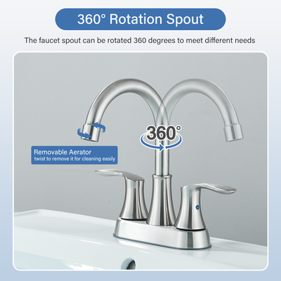 Zovajonia Centerset 4 In Bathroom Sink Faucet 2 Handle Vanity 360 Swivel Spout with Drain Brushed nickel