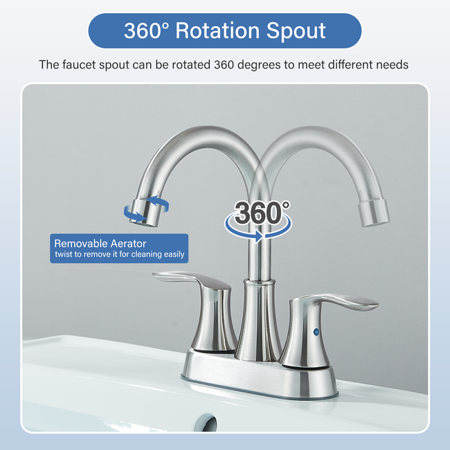 Zovajonia Centerset 4 In Bathroom Sink Faucet 2 Handle Vanity 360 Swivel Spout with Drain Brushed nickel