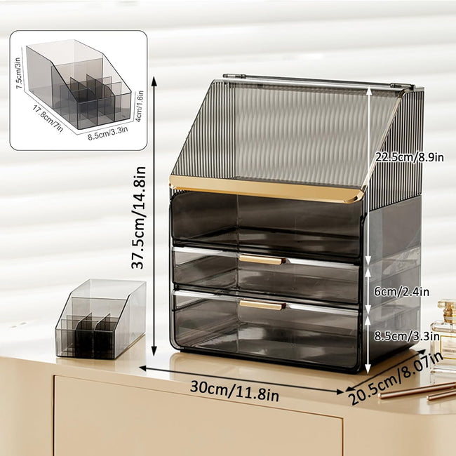 Cosmetic Organizer Makeup Storage Box with Lid for Bathroom Counter Cosmetic Display Case with Drawers Skin Care Products Storage with Lipstick Holder (Clear Black)