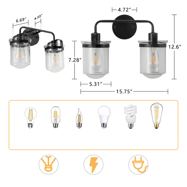 Wall Sconces Set of 2 with Clear Glass Shade,Modern Wall Sconce, Industrial Indoor Wall Light Fixture for Bathroom Living Room Bedroom Over Kitchen Sink,E26 Socket, Bulbs Not Included