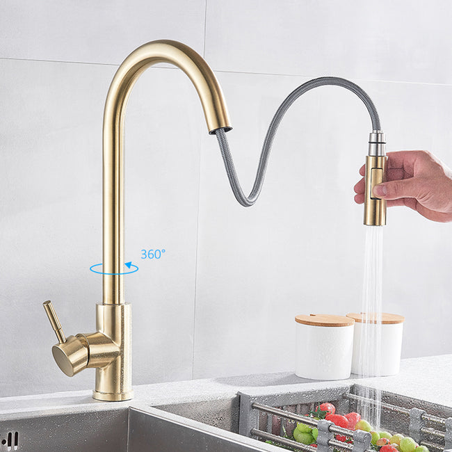 Senlesen Brushed Gold Kitchen Faucet Pull Out Sprayer Sink Mixer Tap