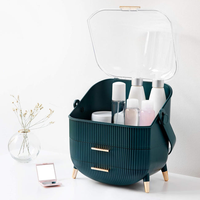Makeup Organizer Storage Box - Cosmetics, Skincare and Beauty Case with Clear Lid Display and 2 Drawers - Bathroom Counter or Vanity - Green