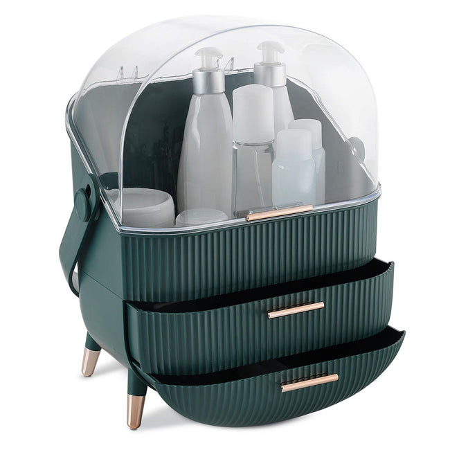 Makeup Organizer Storage Box - Cosmetics, Skincare and Beauty Case with Clear Lid Display and 2 Drawers - Bathroom Counter or Vanity - Green