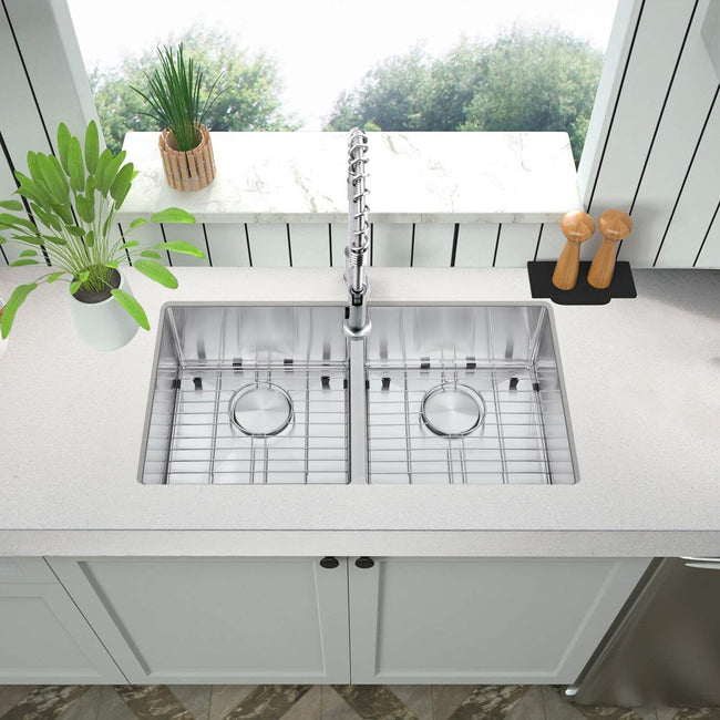 Akicon 32" Undermount 50/50 Double Bowl Kitchen Sink and Pull-down Faucet Combo with Drain Strainer, Protective Bottom Grid, All in One