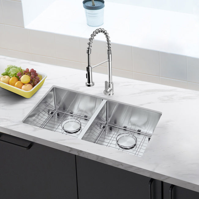Akicon 32" Undermount 50/50 Double Bowl Kitchen Sink and Pull-down Faucet Combo with Drain Strainer, Protective Bottom Grid, All in One