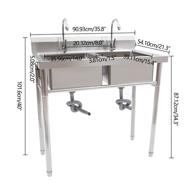 Aiqidi 2 Compartment Commercial Sinks Stainless Steel Freestanding Silver Kitchen Utility Sink w/Faucet 35.8"x21.3"x40"