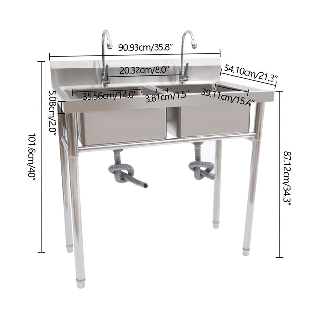 Aiqidi 2 Compartment Commercial Sinks Stainless Steel Freestanding Silver Kitchen Utility Sink w/Faucet 35.8"x21.3"x40"