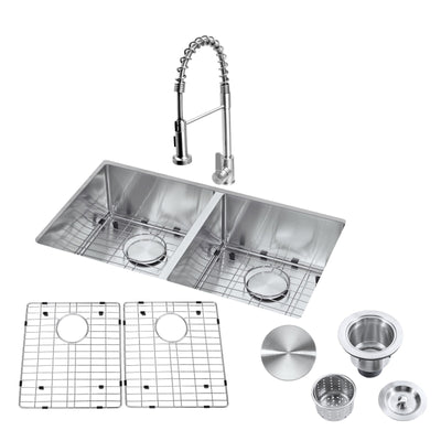 Akicon 32" Undermount 50/50 Double Bowl Kitchen Sink and Pull-down Faucet Combo with Drain Strainer, Protective Bottom Grid, All in One