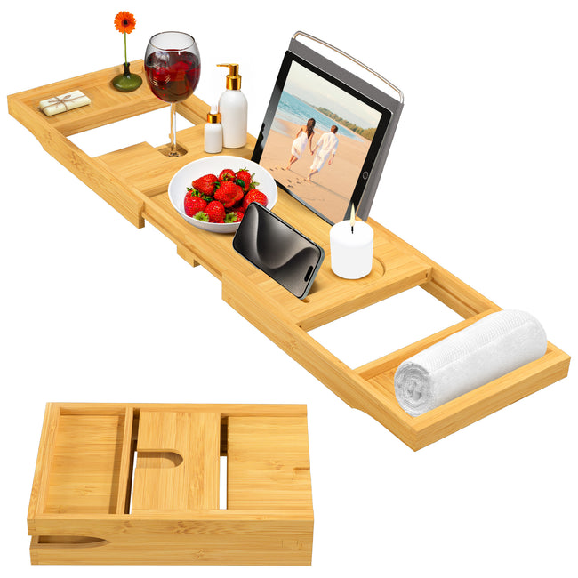 Bathtub Tray for Tub - Adjustable Bamboo Bath Tray for Tub - Collapsible & Folding Bathtub Caddy Bath Tub Tray Wood - Bath Accessories - Unique for Mom | by Bambüsi