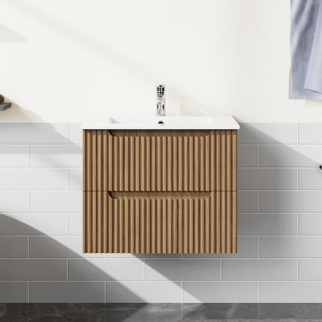 Goodyo 24" Wall-Mount Bathroom Vanity with White Basin Sink Floating Bathroom Cabinet in Walnut