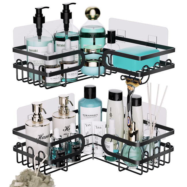 LEFEE Corner Shower Caddy, Shower Caddy Wall Mounted with Soap and Razor Holder, SUS304 Stainless Steel Corner Shower Shelf for Bath Accessories, Bathroom Organiser with 5 Adhesives, 2 Pack, Black