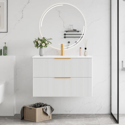 ICEELF 30'' Bathroom Vanity Cabinet with Sink and Faucet, Wall Mounted Floating Bathroom Vanity with 2 Big Drawer and Metal Handles (White, 30")
