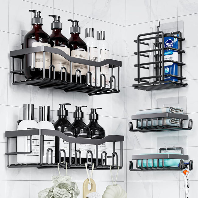 Kiwi Wellness 5-Shelf Stainless Steel Shower Caddy, Across Tub Mount, Razor Organizer, Black