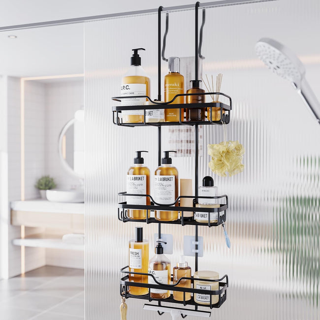 VANCORE Over the Doors Shower Caddy - Hanging Bath Organizer over Door with Hooks for Inside the Shower - Matte Black