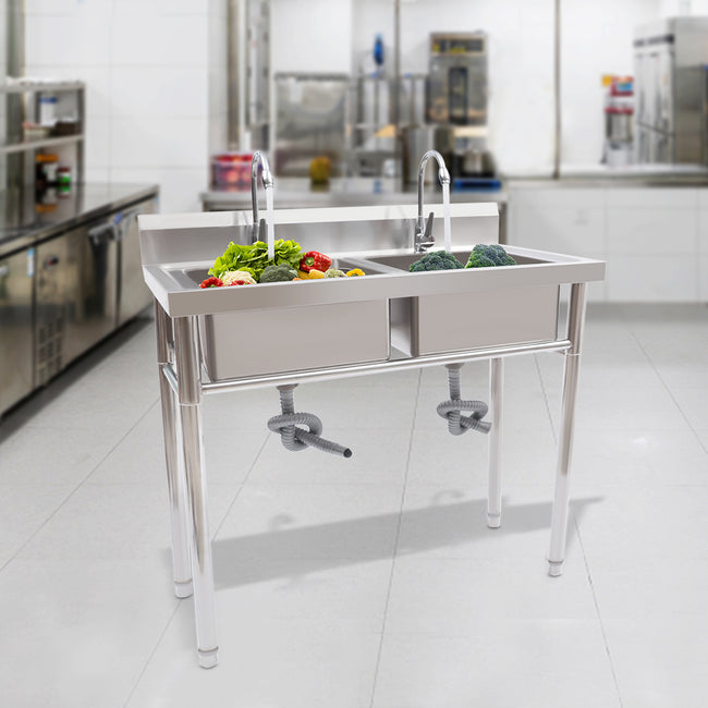 Aiqidi 2 Compartment Commercial Sinks Stainless Steel Freestanding Silver Kitchen Utility Sink w/Faucet 35.8"x21.3"x40"
