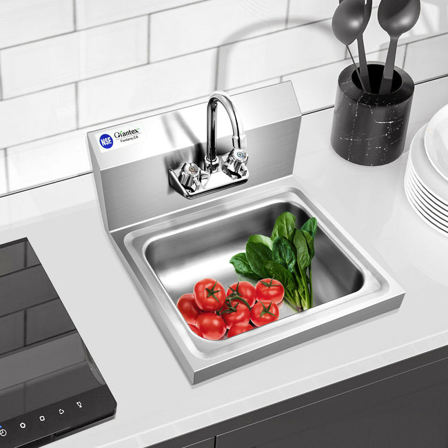 Topbuy Stainless Steel Sink NSF Wall Mount Hand Washing Sink with Faucet & Back Splash