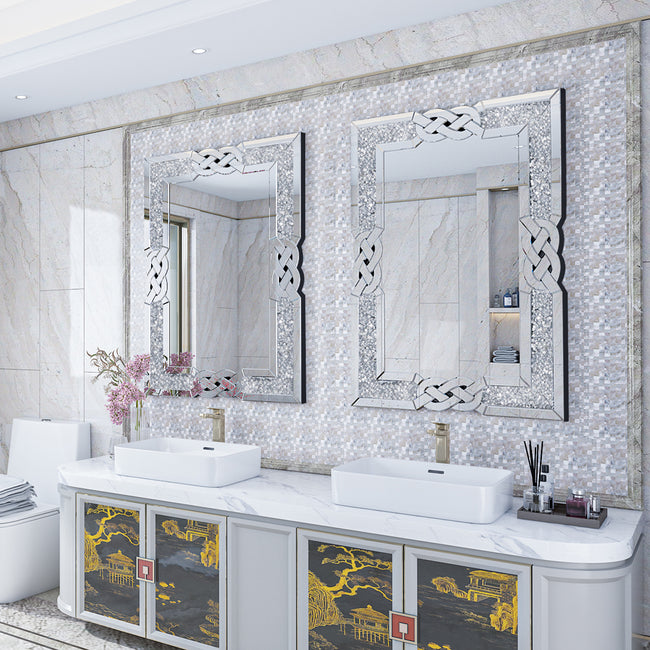LUVODI Crushed Diamond Wall Mirror 39x28 inch Decorative Glass Silver Bathroom Vanity Mirrors Square
