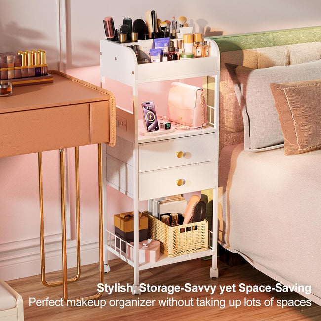 Makeup Organizer with LED Light&Charging Station, Make Up Skincare Organizers and Storage with Drawers, Vanity Cosmetics Display Cases Holder for Skin Care Nail Perfume Hair, White