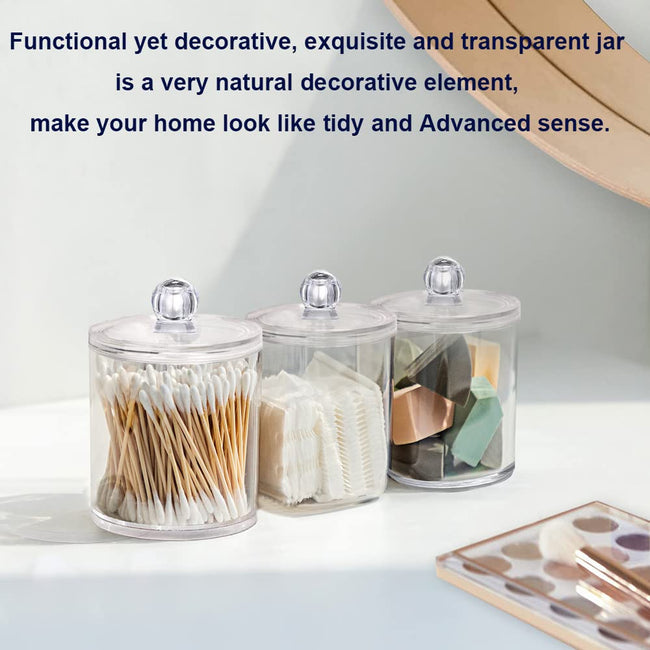 4 PACK Qtip Holder Dispenser for Cotton Ball, Cotton Swab, Cotton Round Pads, Floss Picks - 12 oz Clear Apothecary Jar Set for Bathroom Canister Storage Organization, Vanity Makeup Organizer