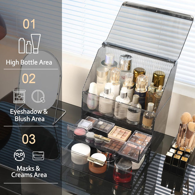 Cosmetic Organizer Makeup Storage Box with Lid for Bathroom Counter Cosmetic Display Case with Drawers Skin Care Products Storage with Lipstick Holder (Clear Black)