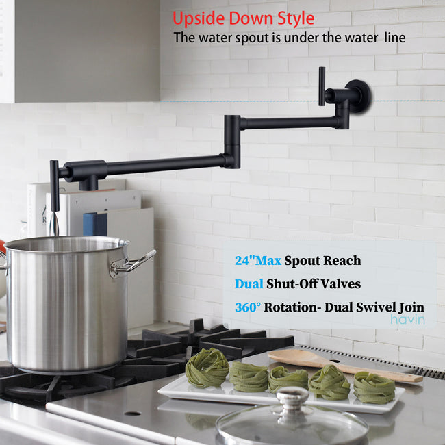 Havin Brass Pot Filler, Wall Mount Commercial Pot Filler Faucet, Brass Material Kitchen Folding Faucet, Coffee Machine Faucet, Style D, Matte Black