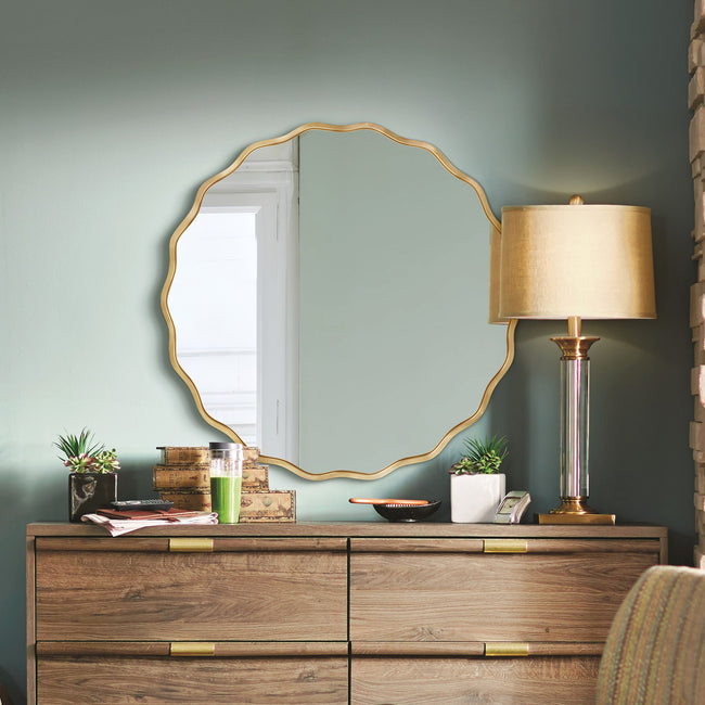 TEWLOSS Round Mirrors Wall Mirror 24" Wavy Mirror for Bathroom Gold Aluminum Alloy Framed