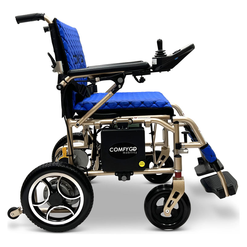 ComfyGo X-7 lightweight folding power wheelchair – blue cushion and backrest