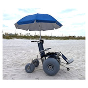 DeBug Elevating Leg Rest Beach Wheelchair – on the beach with the optional umbrella